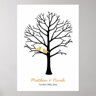 Poster Faux Gold Birds Black Fingerprint Tree Mariage