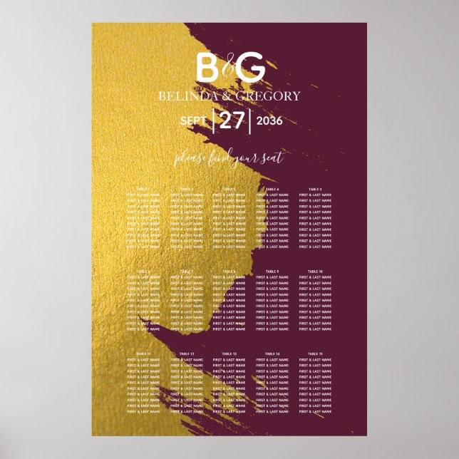 Poster Faux Gold Burgundy, Monogramme Mariage (Devant)