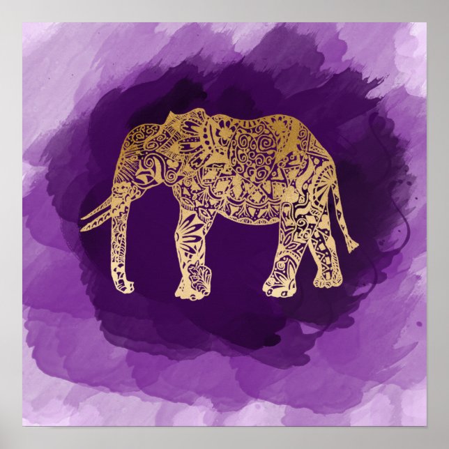 Poster faux gold elepher purple brusstroke (Devant)