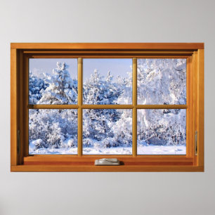 Poster Faux Illusion de fenêtre - vue sur la neige fraîch
