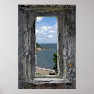Poster Faux Window - Château Vue sur la plage