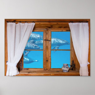 Poster Faux Window View Underwater Dolphins Ocean Fun