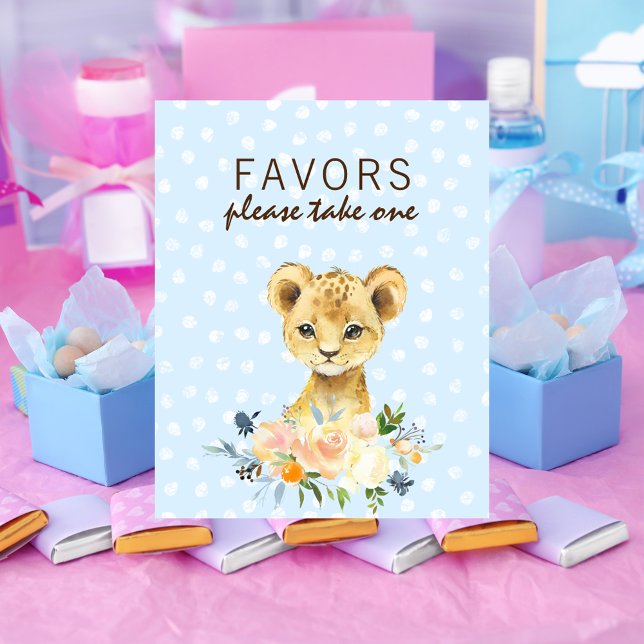 Poster Faveur Baby shower Lion Cub Floral Blue (Créateur téléchargé)