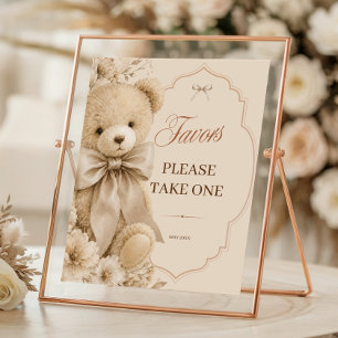 Poster Faveurs de Baby Shower Ours en Peluche Beige Neutr