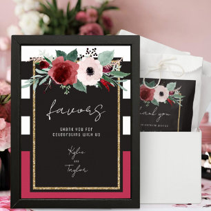 Poster Favor de mariage à rayures noir et blanc floral Ma