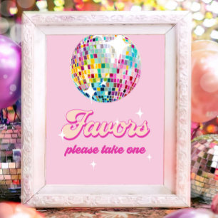 Poster Favorise Boule à Facettes Rétro Fille Rose Anniver