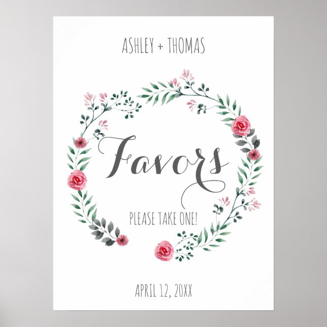 Poster FAVORS Mariage signe de calligraphie florale (Devant)