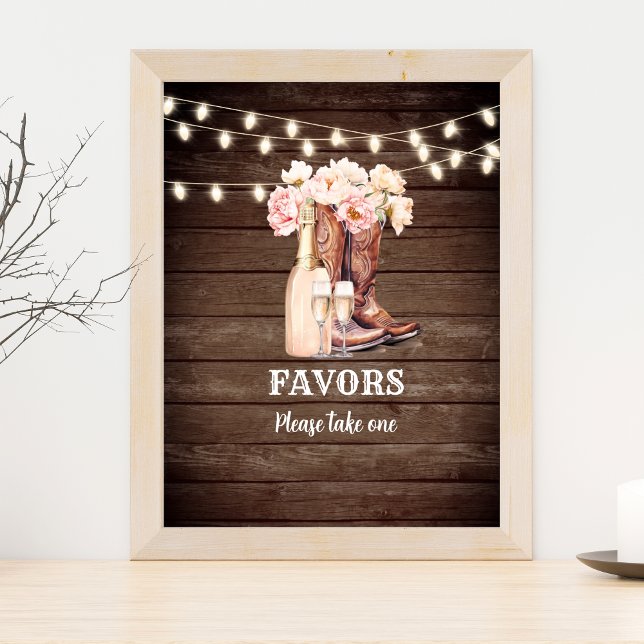 Poster FAVORS signe Cowgirl Boots Champagne Fête des mari (Rustic western boots and bubbly favors sign)