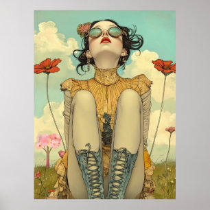 Poster FD2 Rétro Fantaisiste Fille Art Vintage Floral 26