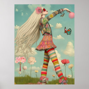 Poster FD2 Rétro Fille Artistique Fantaisiste Floral Vint