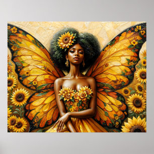 Poster Fée afro-américaine avec Afro et Sunflower Art