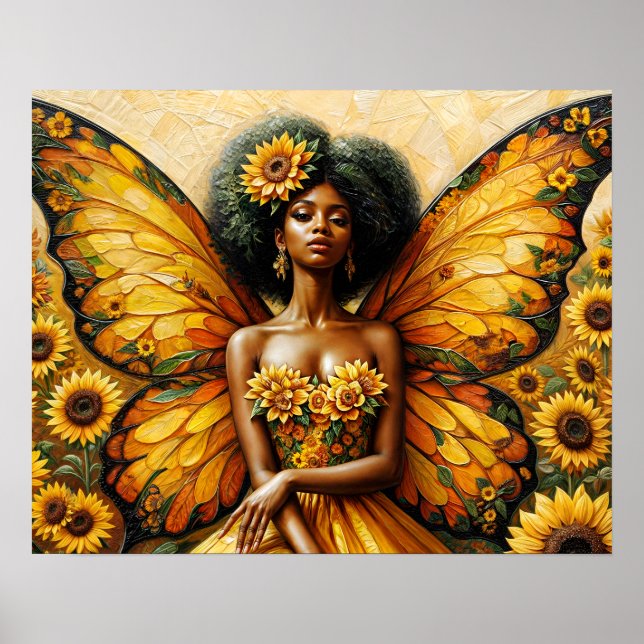 Poster Fée afro-américaine avec Afro et Sunflower Art (Devant)