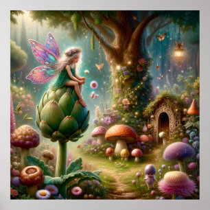 Poster Fée assise sur une illustration magique d'artichau