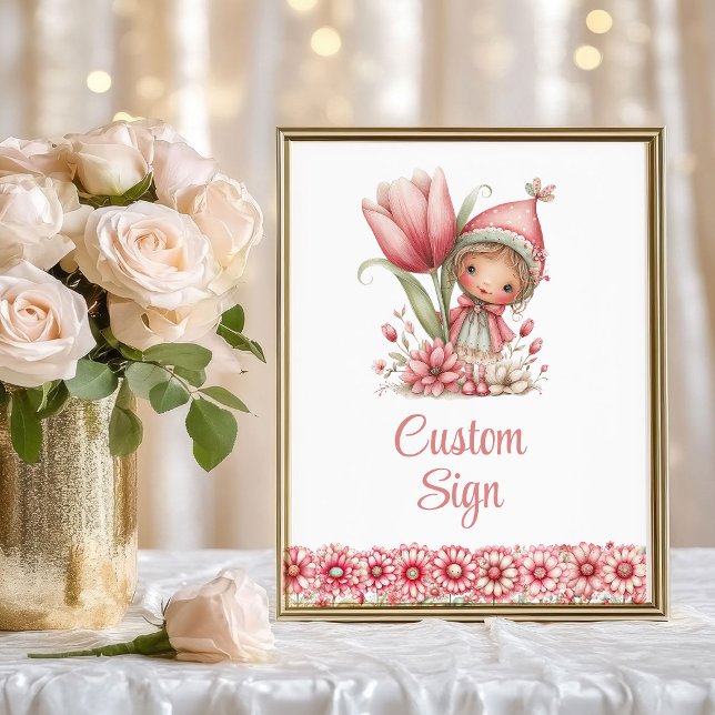 Poster Fée Capricieuse Fille Rougeur Floral Anniversaire  (Whimsy Fairy Girl Blush Floral Birthday Custom Sign

)