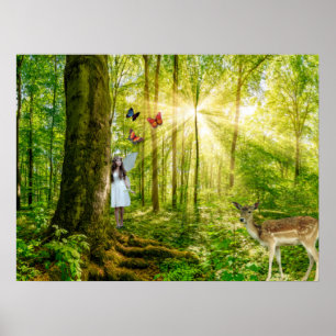Poster Fée dans la forêt magique avec Bambi et papillon