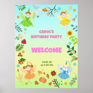 Poster Fée de jardin avec amis de compagnie Fête d'annive