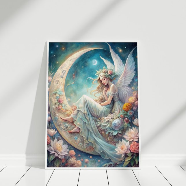 Poster Fée de la fleur de lune (Moonlight Blossom Fairy Poster in a white wooden frame)