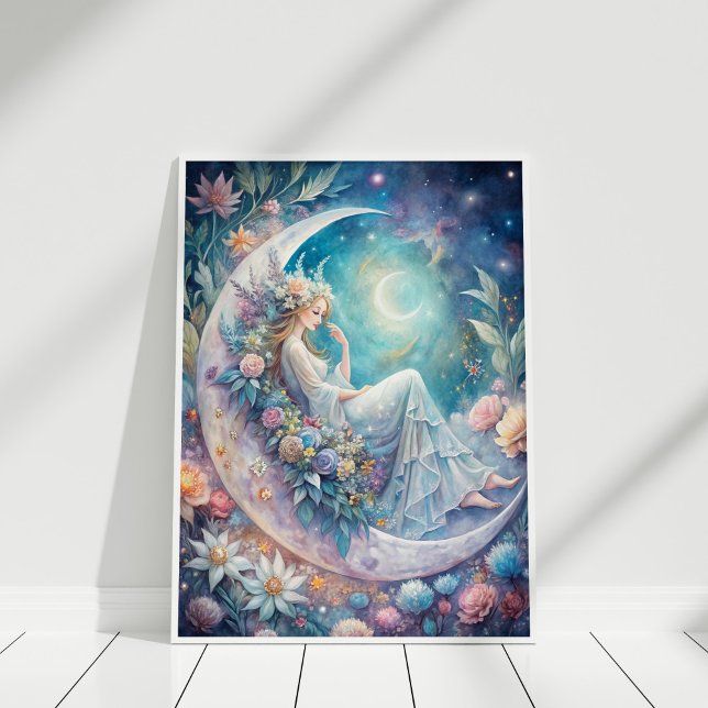 Poster Fée de la fleur de lune (Moonlight Blossom Fairy Poster in a white frame)