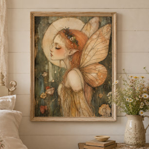 Poster Fée de la Forêt Vintage avec Couronne de Fleurs Ar
