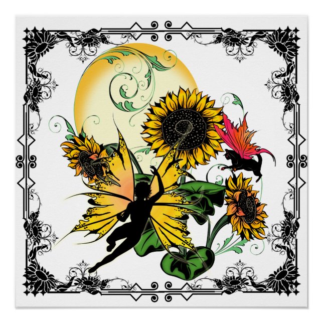 Poster Fée de tournesol et chat cosmique (Devant)