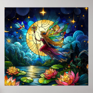 Poster Fée de vol au clair de lune en vitrail