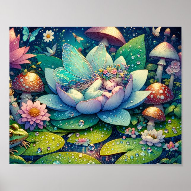 Poster Fée dormant sur un conte de fées de fleurs (Devant)