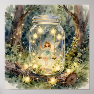 Poster Fée enchantée sur une balançoire dans une forêt ma