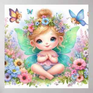 Poster Fée et fleurs au pays des fées pastel aquarelle