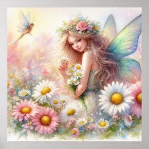 Poster Fée et fleurs au pays des fées pastel aquarelle