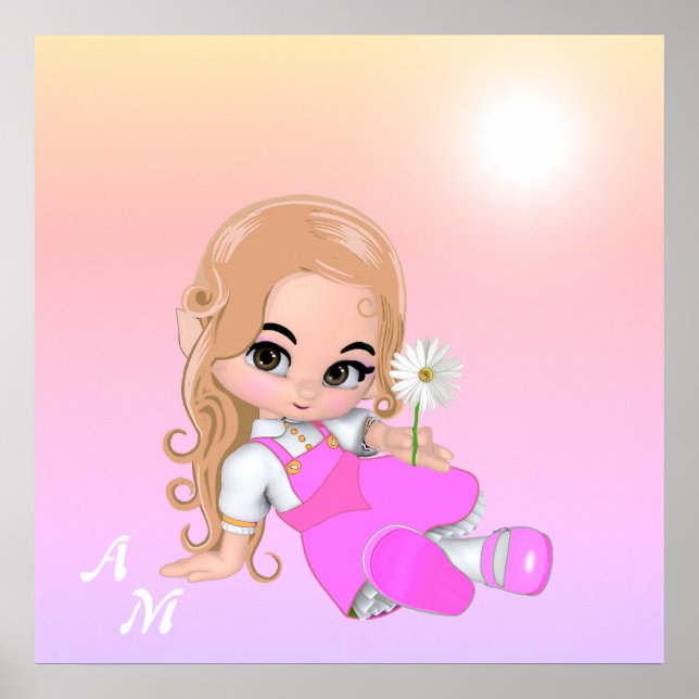 Poster Fée mignonne et monogramme sur les tons roses (Devant)