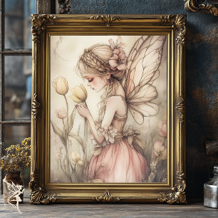 Poster Fée romantique Whimsical dans le champ de fleurs A