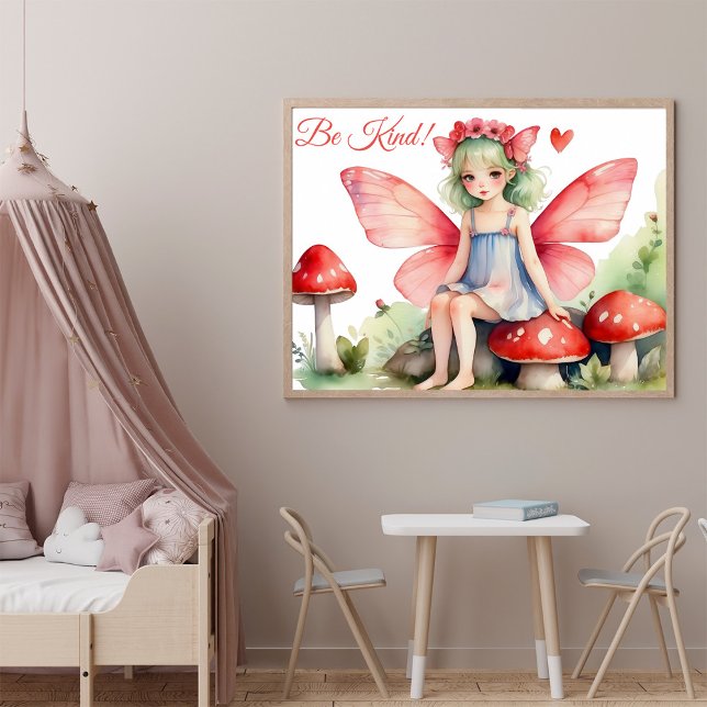Poster Fée rose rouge avec champignons Soyez gentil Citat (Créateur téléchargé)