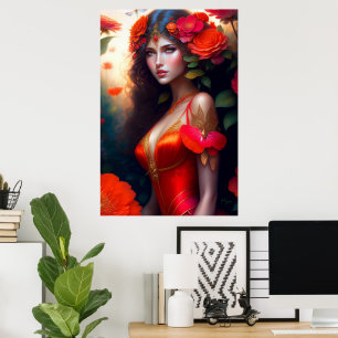 Poster Fée rouge de fantaisie Fleurs rouges