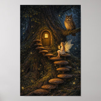 Poster Fée sur un escalier de champignons-Maison enchanté