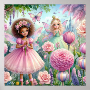 Poster Fées et fleurs en terre fée pastel aquarelle paste