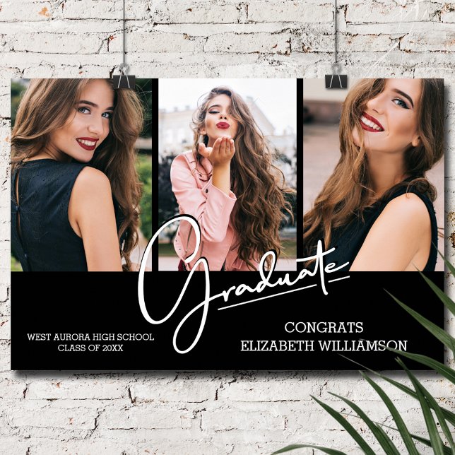 Poster Félicitations à l'obtention du diplôme Black Moder (Graduation Congratulations 3 Photos on Black Poster, INSTANT DOWNLOAD and/or POSTER)