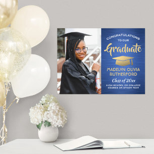 Poster Félicitations Grand Photo Brossé Bleu & Or Graduat