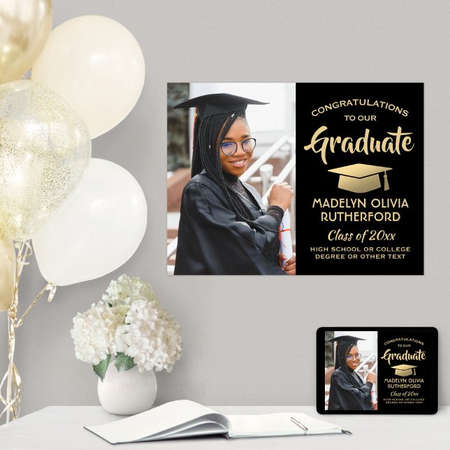 Poster Félicitations Photo Elegant Black and Gold Graduat (Créateur téléchargé)