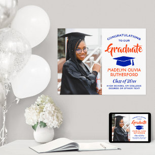 Poster Félicitations Photo Orange Bleu et Blanc Graduatio