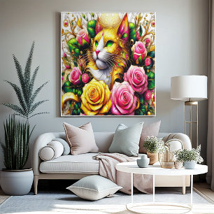 Poster Feline au milieu d'une floraison vibrante 24x18
