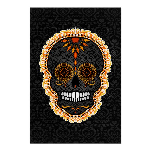 Poster Feliz Muertos - Crâne de sucre noir et orange Dama (Devant)