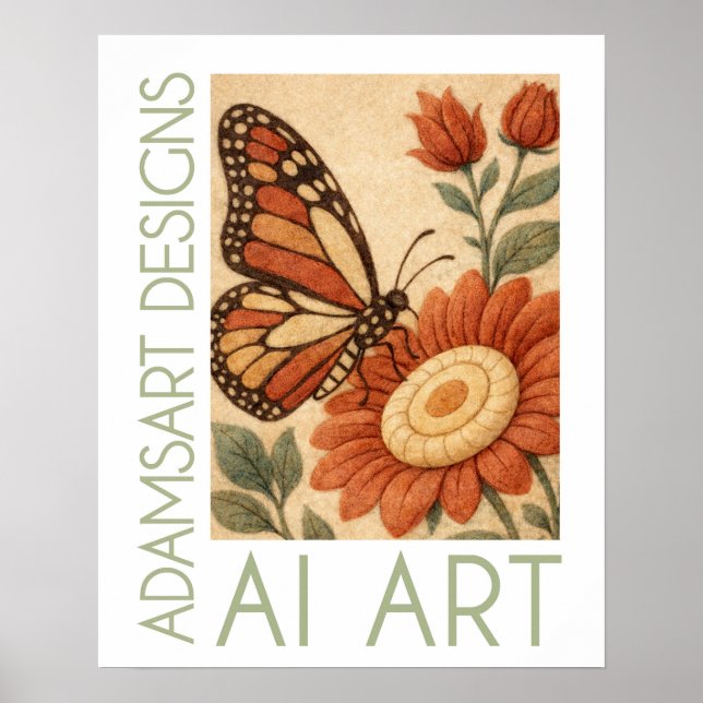 Poster Felted Monarch Butterfly Floral Folk Art (Devant)