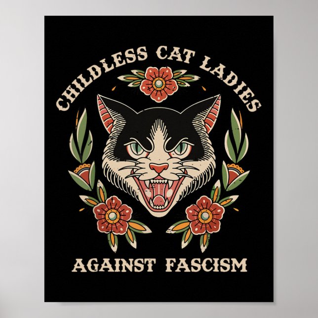 Poster Feminist Funny Cat Lady Against Fascism 2024 (Devant)