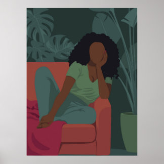 Poster Femme à boucles noires avec plantes verts viridien