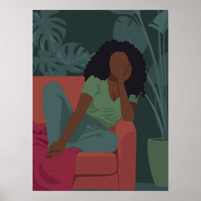 Poster Femme à boucles noires avec plantes verts viridien (Devant)