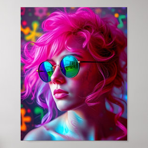 Poster Femme à cheveux roses avec lunettes réfléchissante