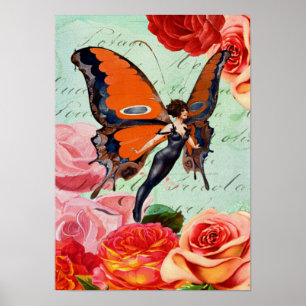 Poster Femme à papillon hybride animal humain avec Rose