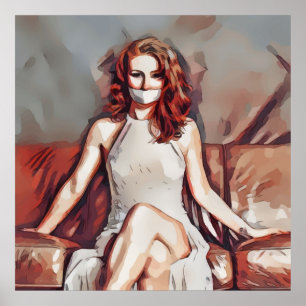 Poster Femme à tête rouge assise avec la bouche couverte