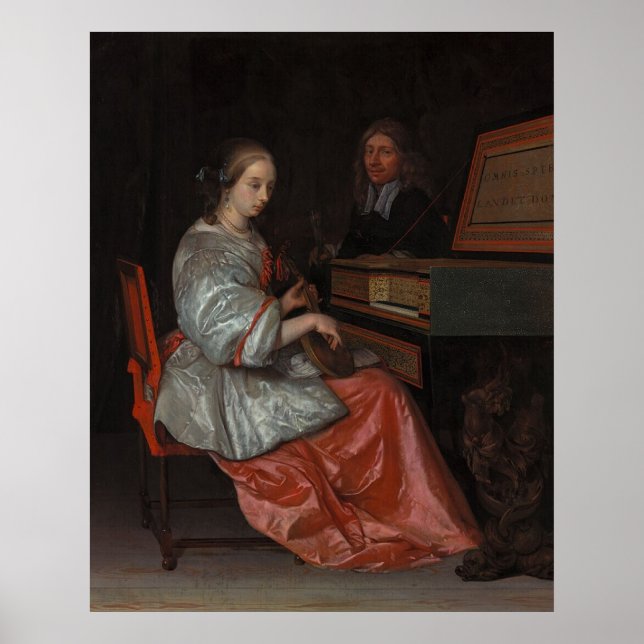 Poster Femme à Virginal avec Cittern — Vieux Maître (Devant)