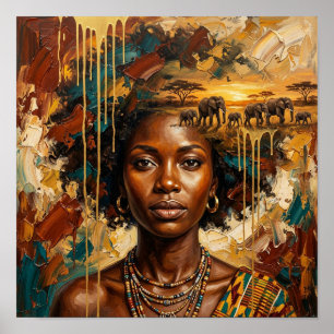 Poster Femme africaine éléphant coucher de soleil,Art mur